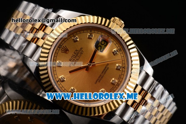 Rolex Datejust II Asia 2813 Automatic Two Tone Case/Bracelet with Yellow Gold Dial and Diamonds Markers (BP) - Click Image to Close